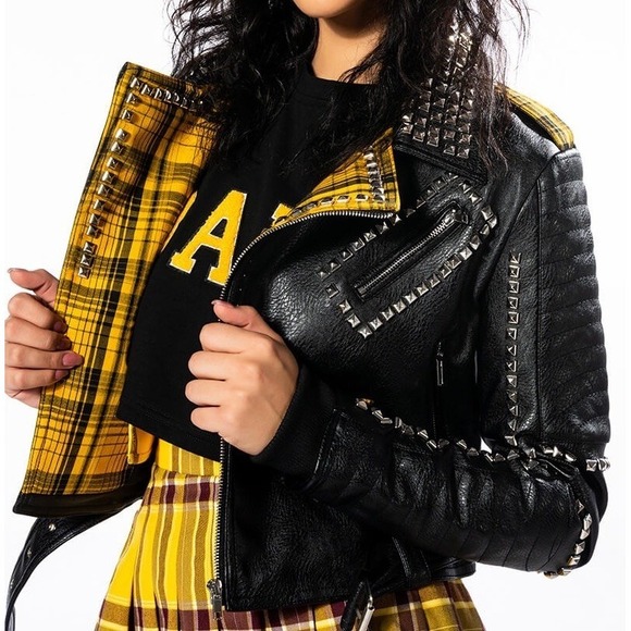 Azalea Wang Akira Jackets & Blazers - Azalea Wang Studded Vegan Leather Moto Jacket Plaid Monster High Frankie Stein M
